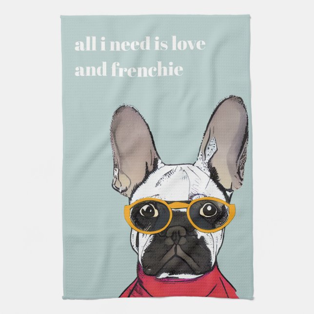 Cute Retro Red French Bulldog With Neon Glasses Tea Towel (Vertical)