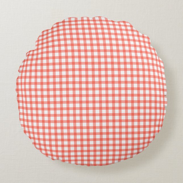 Cute Retro Red Gingham Plaid pattern Round Cushion (Front)