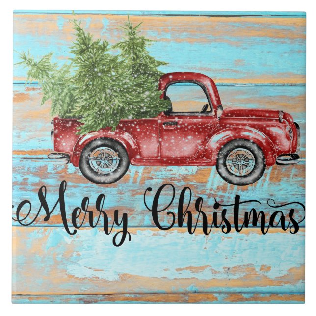 Cute Retro Red Truck Country Christmas Tile (Front)