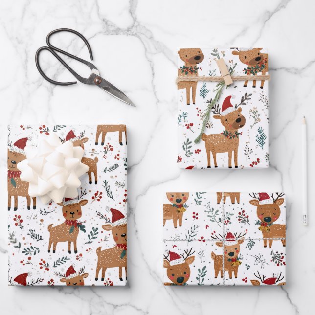 Cute Retro Reindeer Christmas Wrapping Paper Sheet (Front)
