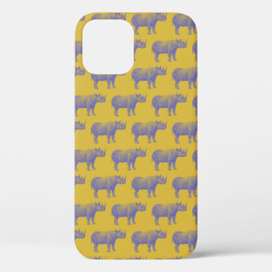 Cute Retro Rhino Rhinoceros Pattern Yellow Purple iPhone 12 Case
