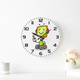 Cute Retro Robot Cartoon Fun AI Tech Digital Art  Large Clock