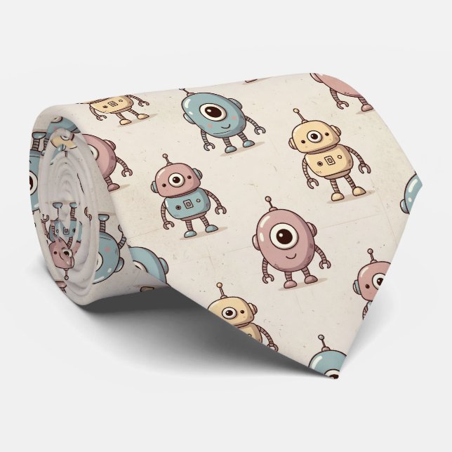 Cute Retro Robot Pattern Tie (Rolled)