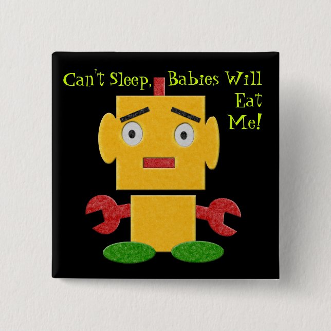 Cute Retro Robot - Yellow - Cant Sleep 15 Cm Square Badge (Front)