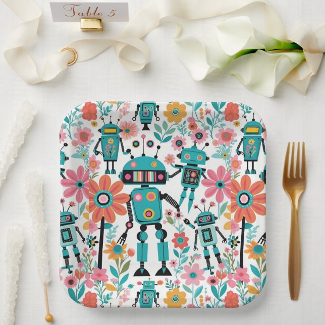 Cute Retro Robots And Pink Flowers Paper Plate (Wedding)