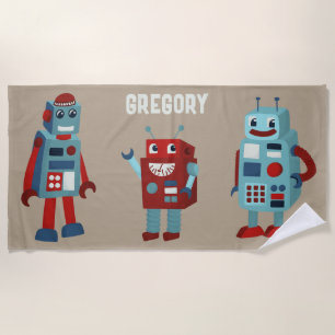 Cute Retro Robots Personalised Sci-Fi Beach Towel