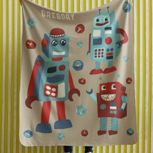 Cute Retro Robots Personalised Sci-Fi Fleece Blanket