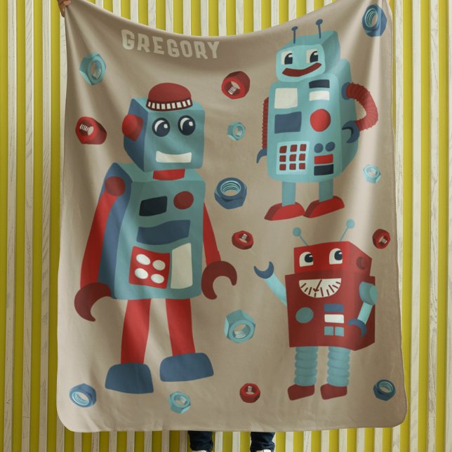 Cute Retro Robots Personalised Sci-Fi Fleece Blanket (Creator Uploaded)