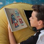 Cute Retro Robots Personalised Sci-Fi Notebook<br><div class="desc">Add your own custom text to the front of this notebook that features cute illustrations of retro style robots in blue and red. The graphics are set against a tan coloured background. The back cover has a coordinating pattern of retro robots and hex nuts.</div>