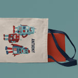 Cute Retro Robots Personalised Sci-Fi Tote Bag<br><div class="desc">This tote bag is ready to be personalised with a name in navy blue lettering and features cute illustrations of retro style robots in shades of blue and red.</div>