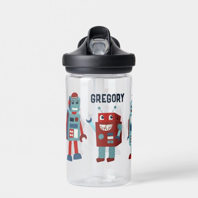 Cute Retro Robots Personalised Sci-Fi Water Bottle (Front)