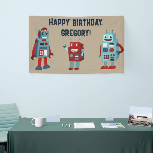 Cute Retro Robots Sci-Fi Boys Birthday Banner (Tradeshow)