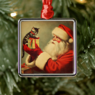 Cute Retro Santa with Kitten Illustration Metal Tree Decoration