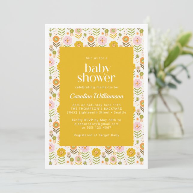 Cute Retro Scandinavian Yellow Flowers Baby Shower Invitation (Standing Front)