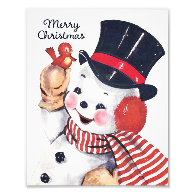 Cute Retro Snowman and Red Bird Wall Art (Front)