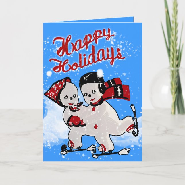 Cute Retro Snowmen Skaters - Personalised Holiday Card (Front)