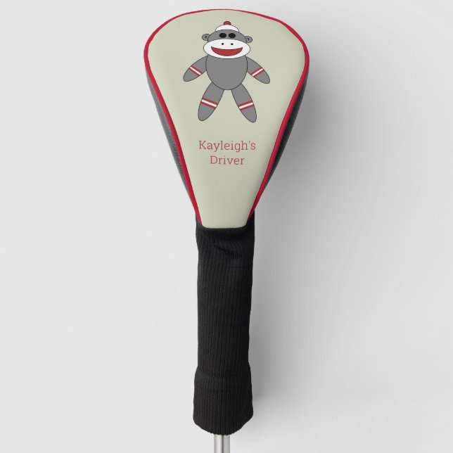 Cute Retro Sock Monkey on Tan With Name Golf Head Cover (Front)