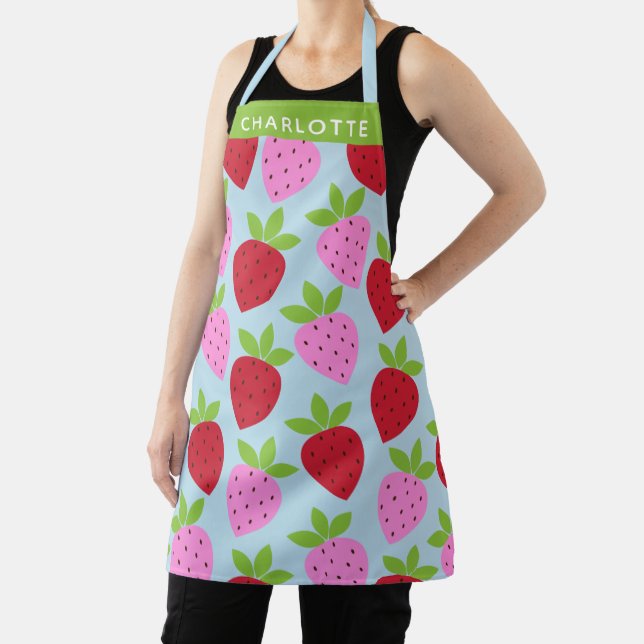 Cute Retro Strawberry Fruit Pattern Personalised Apron (Insitu)
