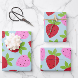 Cute Retro Strawberry Fruit Pattern Pink Red Blue Wrapping Paper Sheet