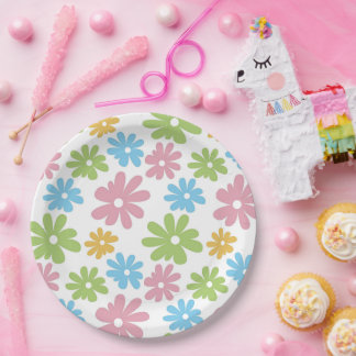 Cute Retro Summer Colours Flower Pattern Paper Plate