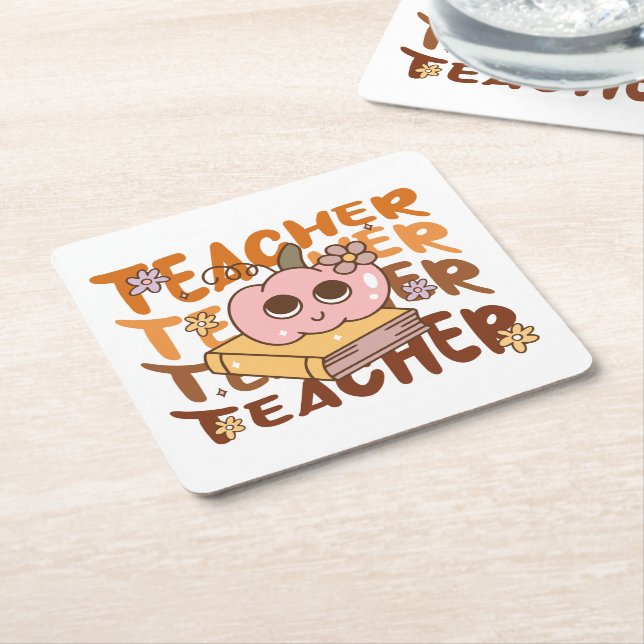 Cute Retro Teacher Pumpkin Halloween Square Paper Coaster (Angled)