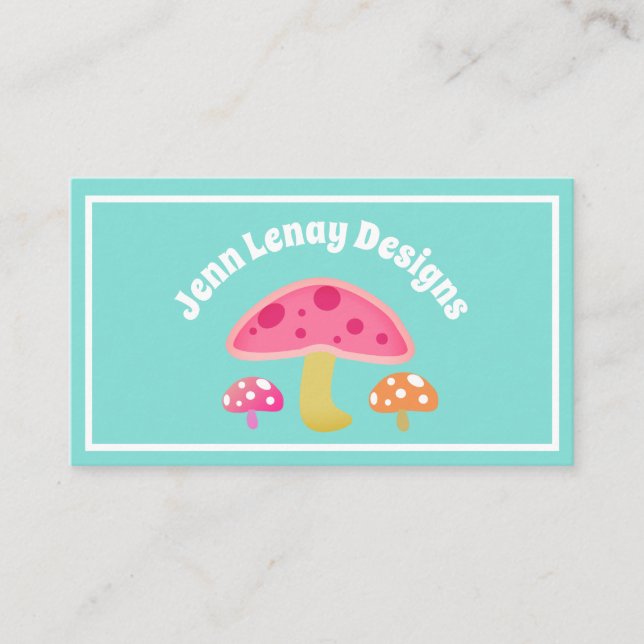 Cute Retro Teal Pink Orange Mushrooms Custom Business Card (Front)
