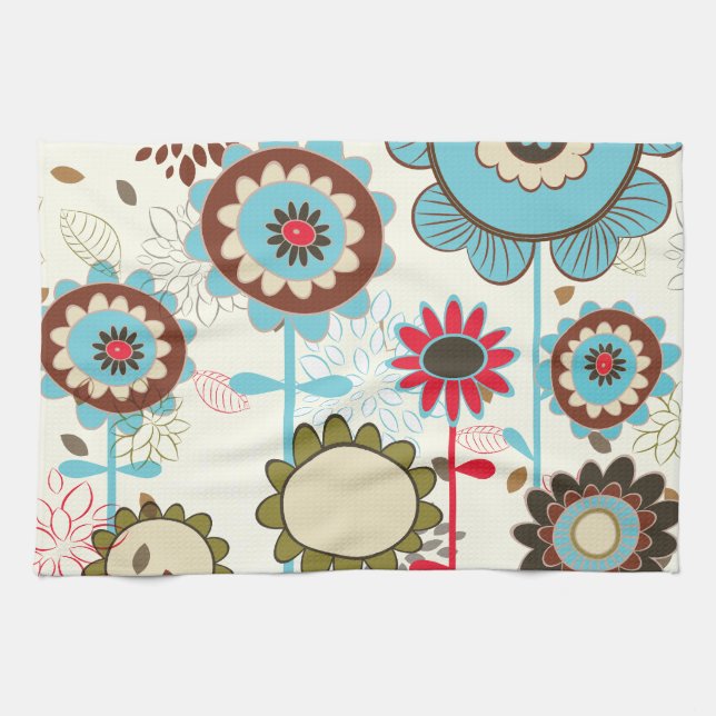 Cute retro turquoise blue floral pattern custom tea towel (Horizontal)
