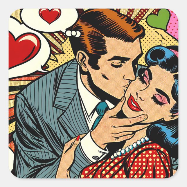 Cute Retro Valentine's Day Kiss Square Sticker (Front)