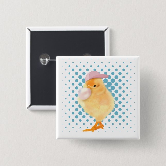Cute Retro Vibes Chick Blowing Bubblegum White 15 Cm Square Badge (Front & Back)
