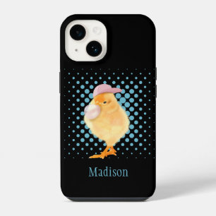 Cute Retro Vibes Chick Blowing Pink Bubblegum iPhone 14 Case