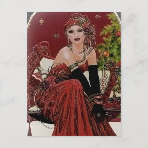 Cute retro vintage art deco lady holiday postcard