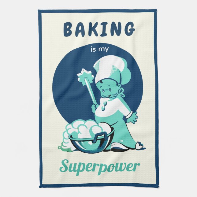 Cute Retro Vintage Blue Boy Baker Tea Towel (Vertical)