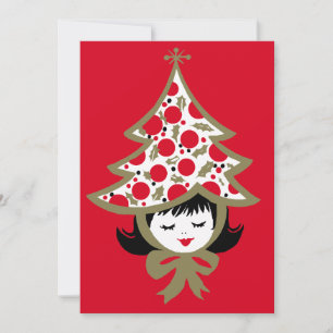 Cute Retro Vintage Christmas Girl with Tree Hat Holiday Card