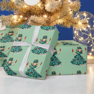 Cute Retro Vintage Christmas Tree Girl  Wrapping Paper