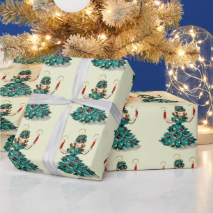 Cute Retro Vintage Christmas Tree Girl Wrapping Paper