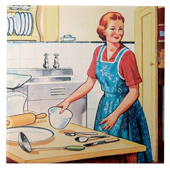 cute retro vintage cooking kitchen lady tile (Front)