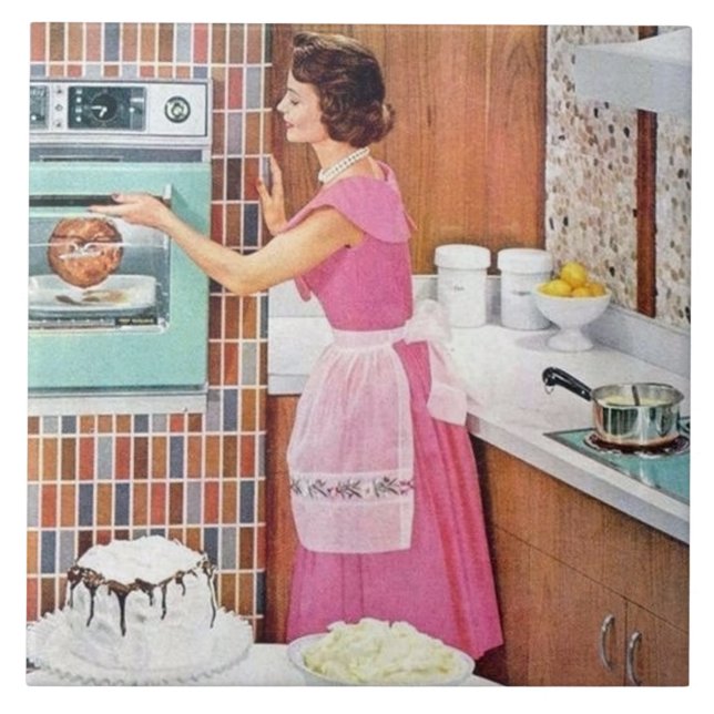 cute retro vintage cooking kitchen lady tile (Front)