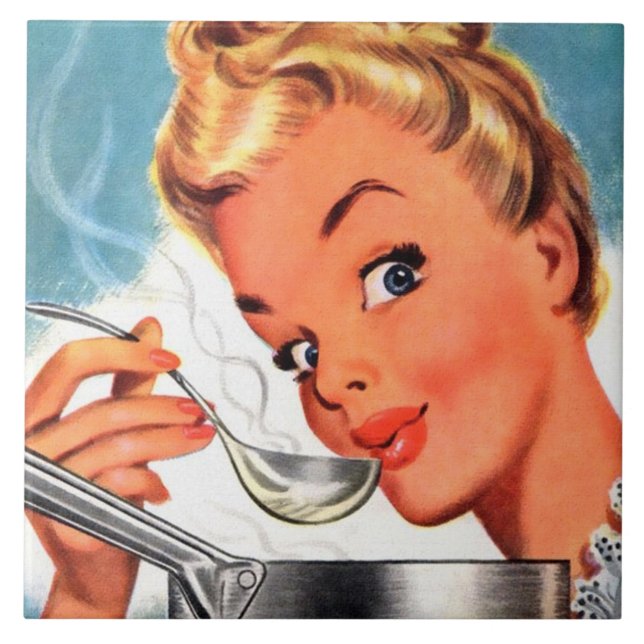 cute retro vintage cooking kitchen lady tile (Front)