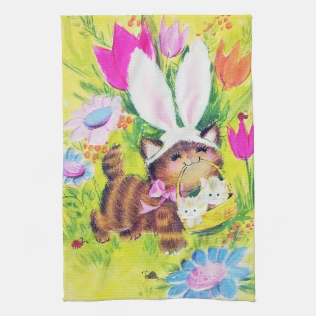 Cute retro vintage Easter cat Holiday Tea Towel (Vertical)