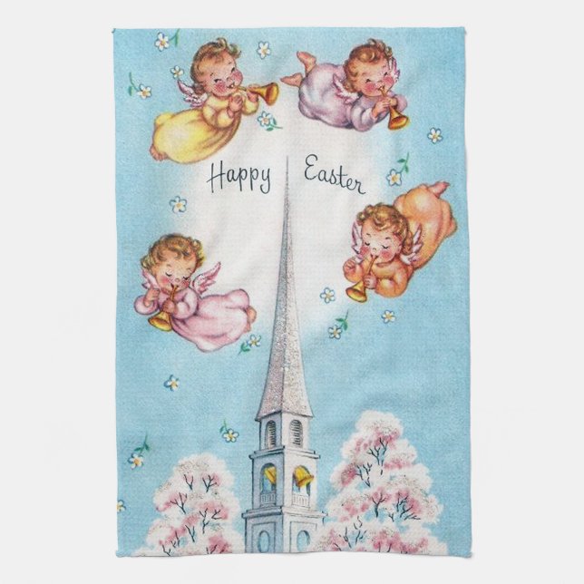 Cute retro vintage Esater Angels Tea Towel (Vertical)