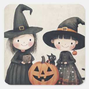 Cute Retro Vintage Halloween Kids Trick or Treat Square Sticker