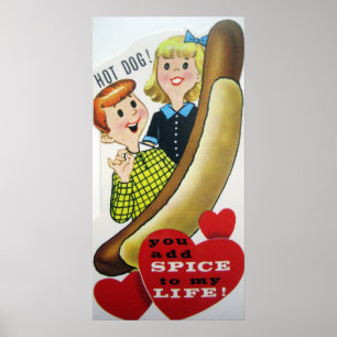 Cute retro vintage hotdog Valentine poster