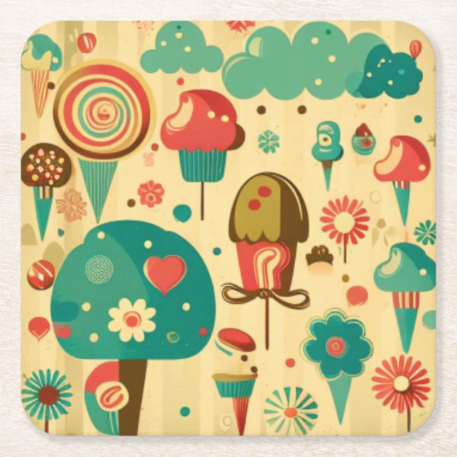 Cute retro vintage ice creams square paper coaster (Front)