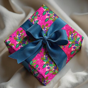 Cute retro vintage leaves holidays hot pink wrapping paper