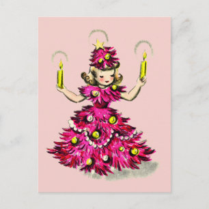Cute Retro Vintage Pink Christmas Tree Girl Holiday Postcard
