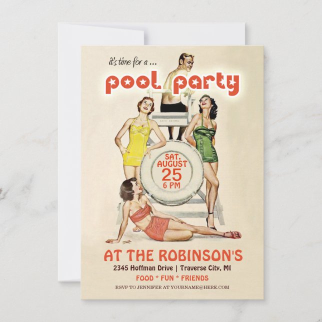 Cute Retro Vintage Pool Party Invitation (Front)