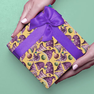 Cute retro vintage purple yellow gnome hat pattern wrapping paper