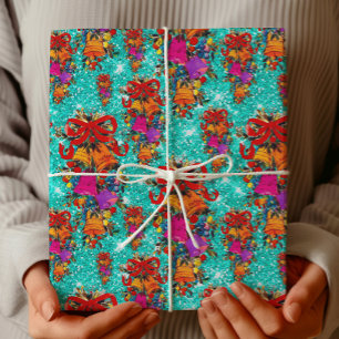 Cute retro vintage red bow holidays aqua wrapping paper