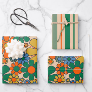 Cute Retro Vintage Whimsical Flowers & Stripes Wrapping Paper Sheet