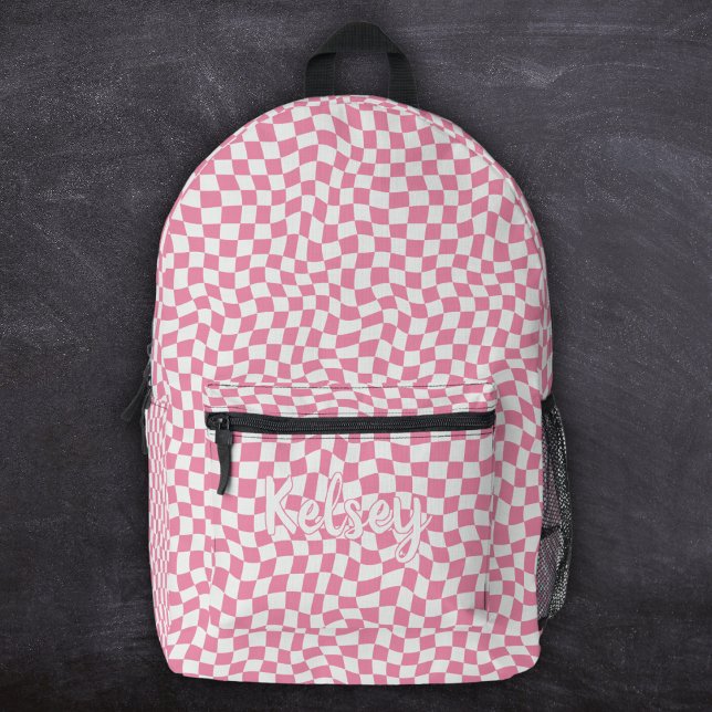 Cute Retro Wavy Check Pink Monogram Name Printed Backpack (Creator Uploaded)